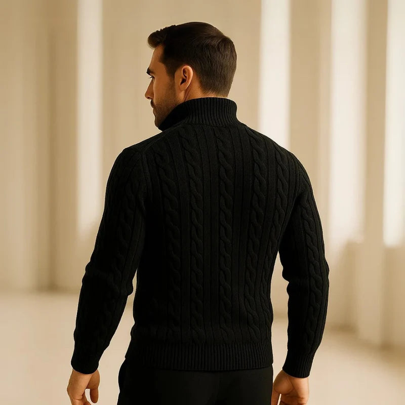 Suéter Masculino Tricô Trançado Gola Alta Com Meio Zíper Cortina