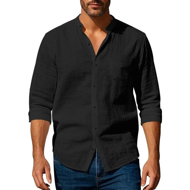 Camisa Masculina em Linho Gola Henley Manga Longa Sorrento