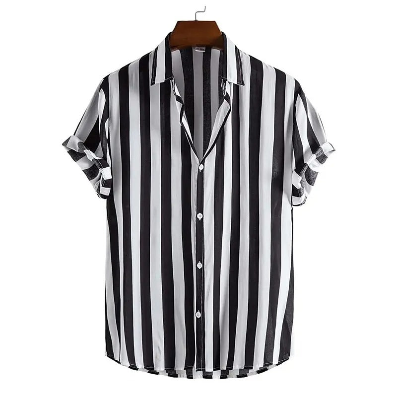 Camisa Masculina Listrada Oversized Gola Lapela Manga Curta Venezia