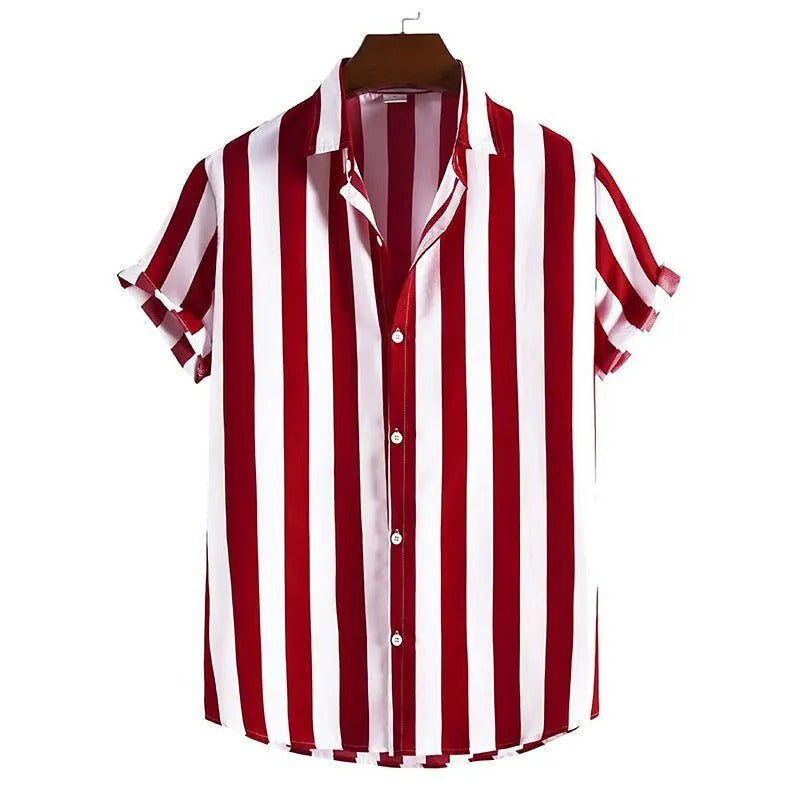 Camisa Masculina Listrada Oversized Gola Lapela Manga Curta Venezia