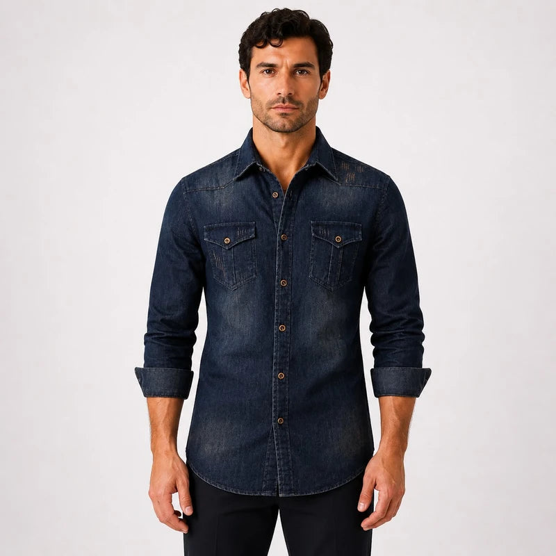 Camisa Masculina Jeans Denim Slim Fit Manga Longa Brescia