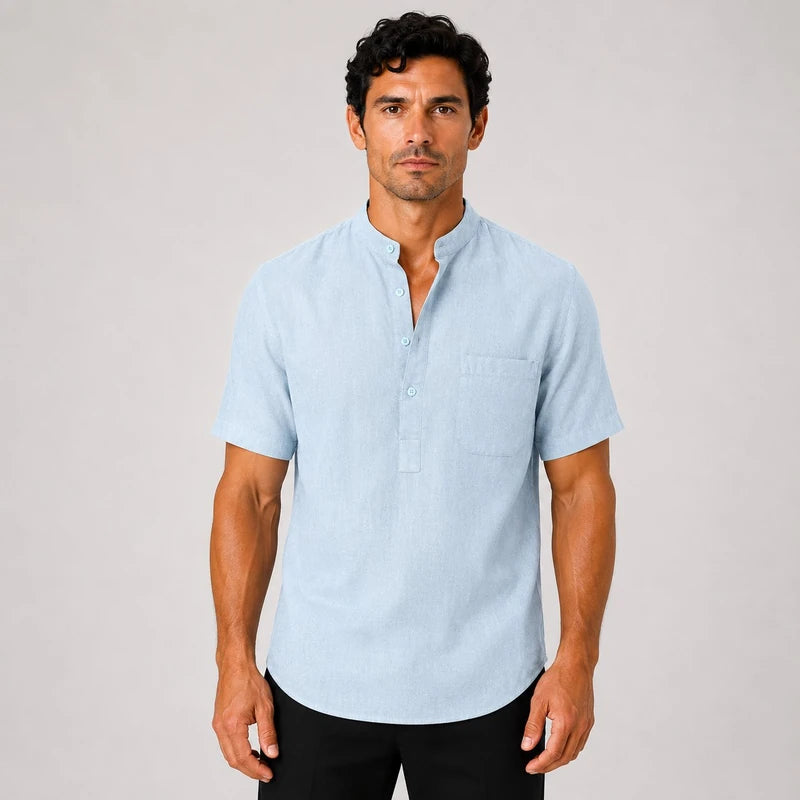Camisa Masculina em Linho Gola Henley Com Bolso Manga Curta Taormina