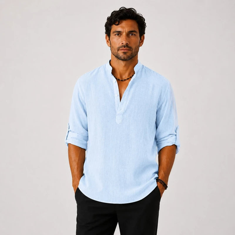 Camisa Masculina em Linho Gola Alta Manga Longa Loose Fit Ravello