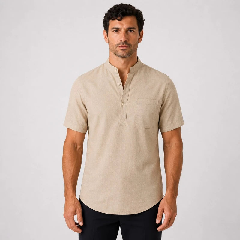 Camisa Masculina em Linho Gola Henley Com Bolso Manga Curta Taormina