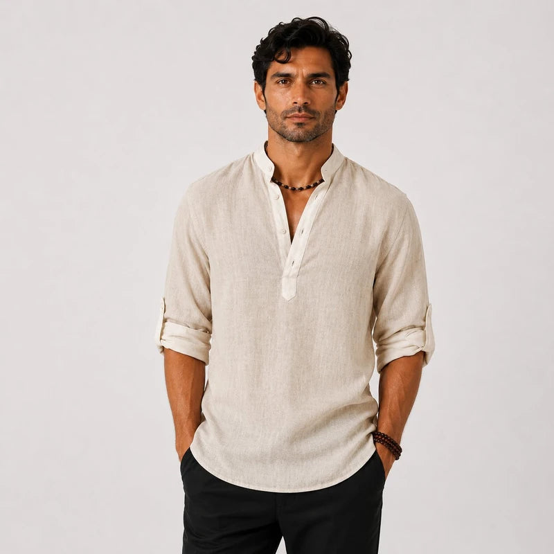 Camisa Masculina em Linho Gola Alta Manga Longa Loose Fit Ravello