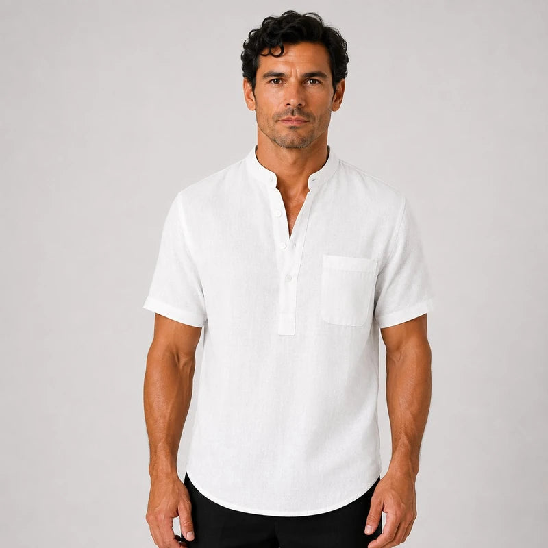 Camisa Masculina em Linho Gola Henley Com Bolso Manga Curta Taormina