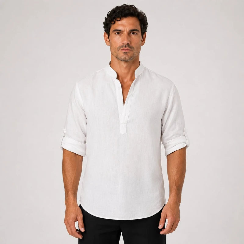 Camisa Masculina em Linho Gola Alta Manga Longa Loose Fit Ravello