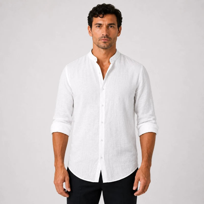 Camisa Masculina em Linho Gola Henley Manga Longa Sorrento