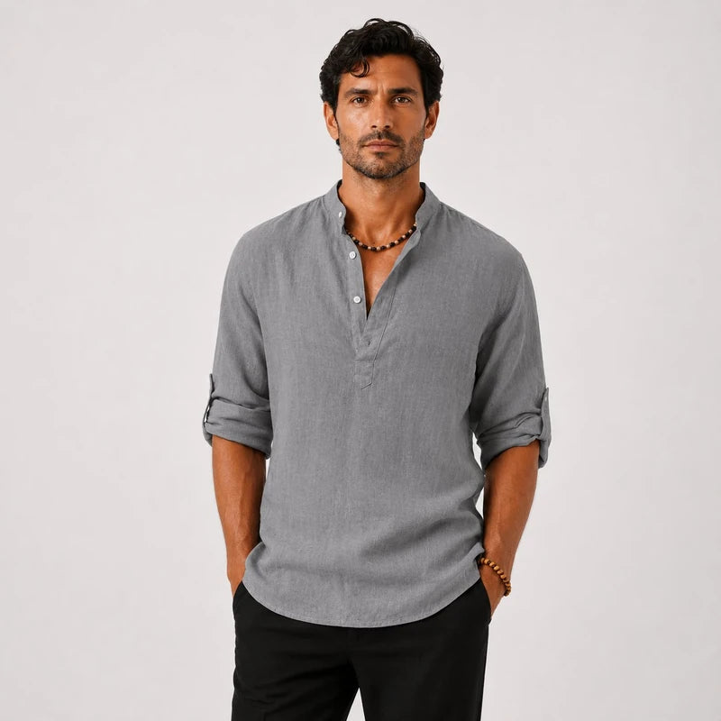 Camisa Masculina em Linho Gola Alta Manga Longa Loose Fit Ravello