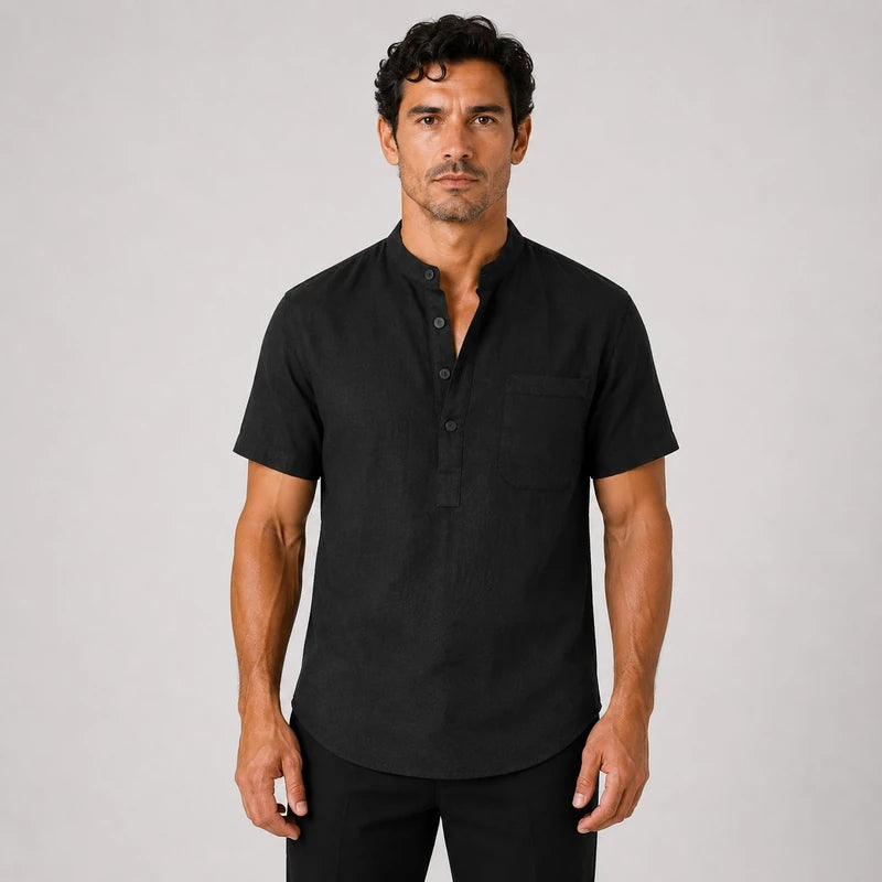 Camisa Masculina em Linho Gola Henley Com Bolso Manga Curta Taormina