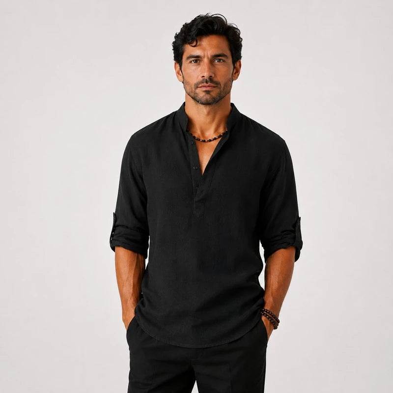 Camisa Masculina em Linho Gola Alta Manga Longa Loose Fit Ravello