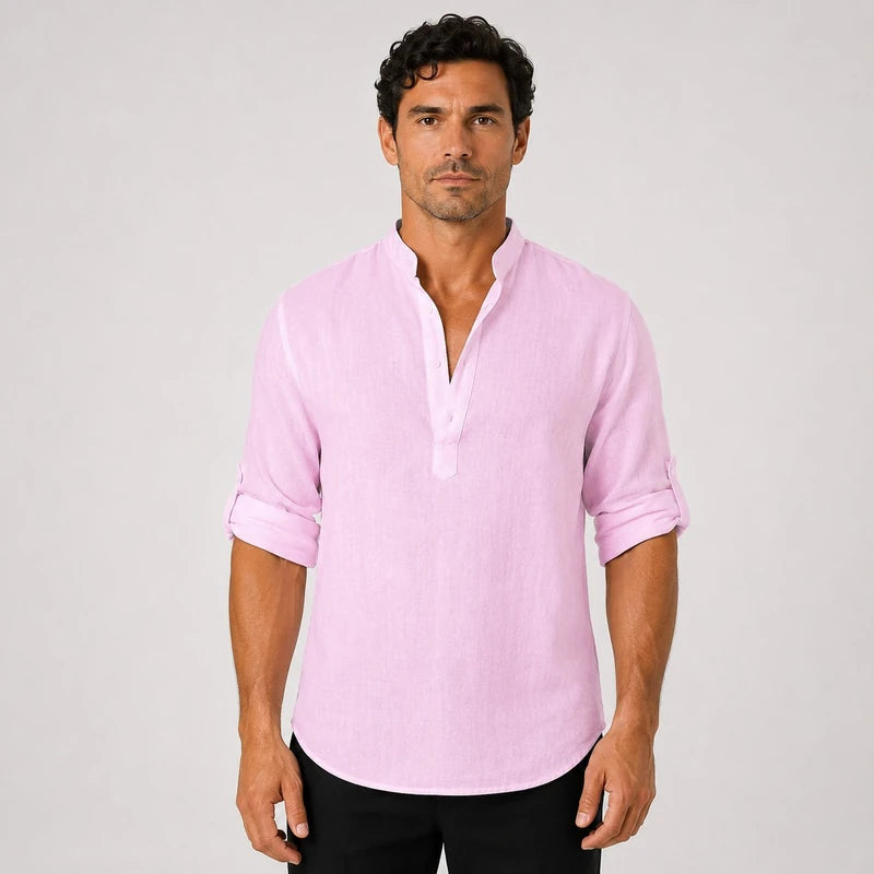 Camisa Masculina em Linho Gola Alta Manga Longa Loose Fit Ravello