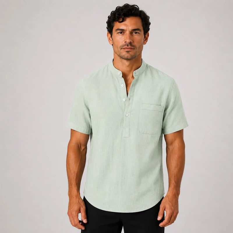 Camisa Masculina em Linho Gola Henley Com Bolso Manga Curta Taormina