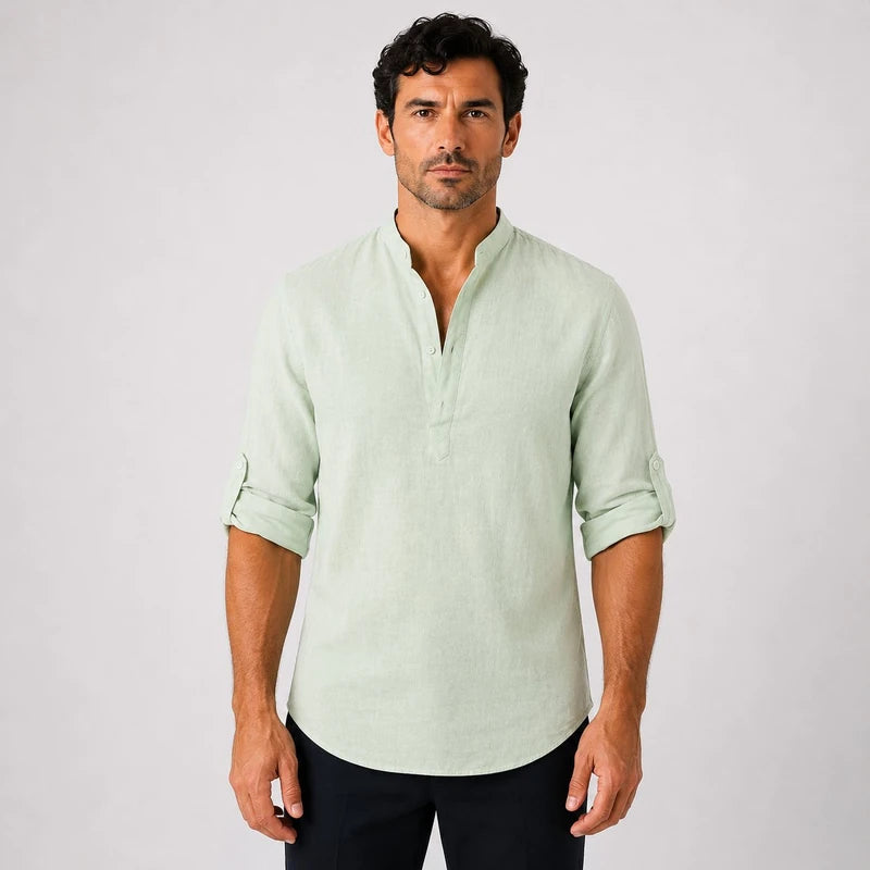 Camisa Masculina em Linho Gola Alta Manga Longa Loose Fit Ravello