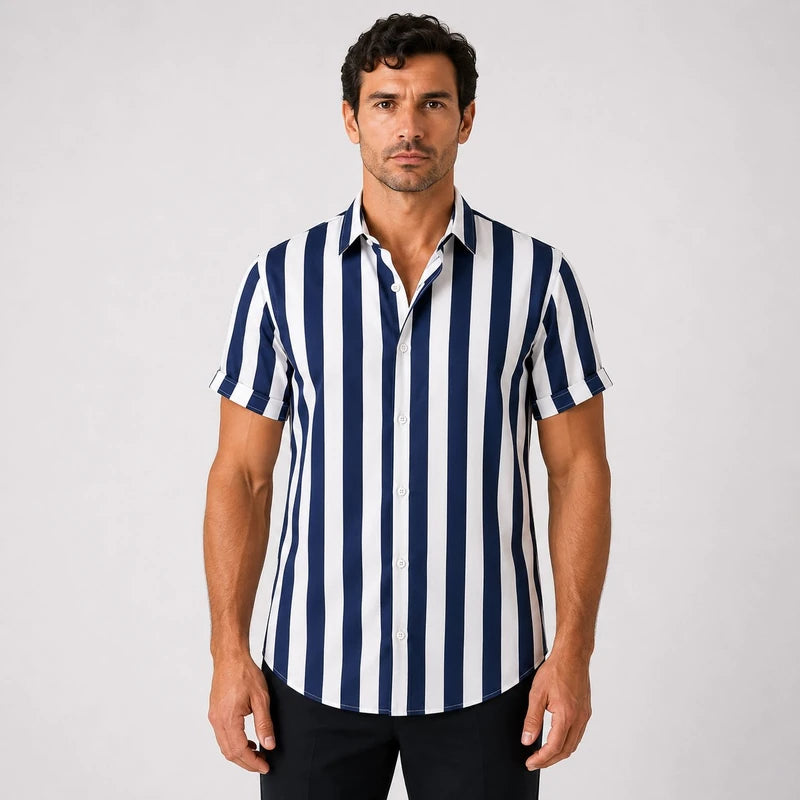 Camisa Masculina Listrada Oversized Gola Lapela Manga Curta Venezia