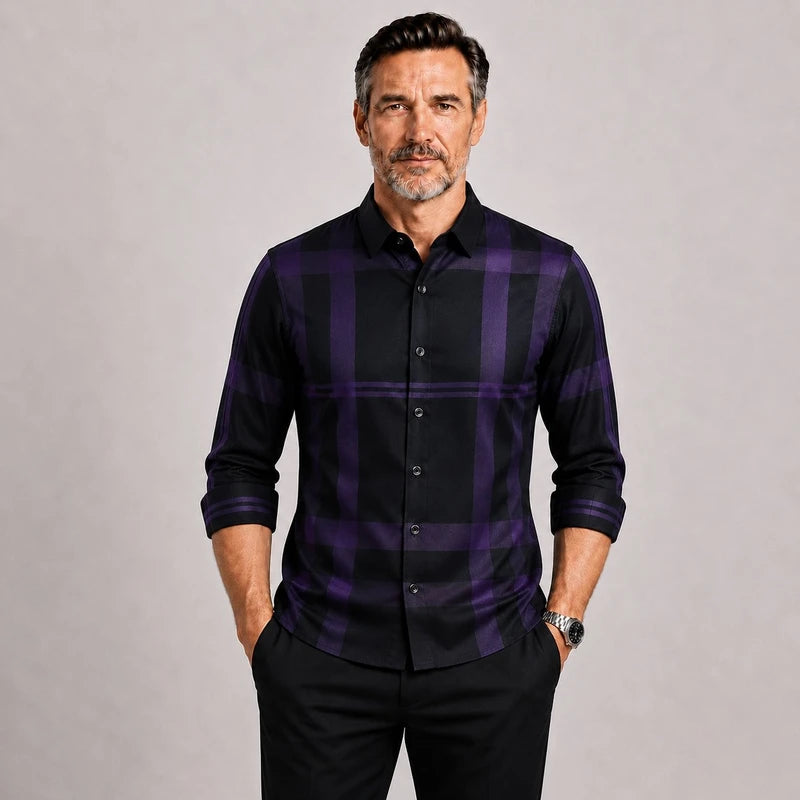 Camisa Masculina Xadrez Seda Casual Cremona Manga Longa Botão