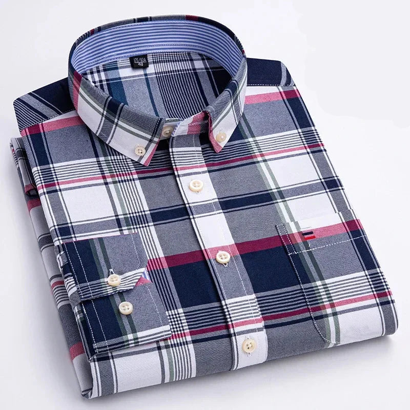 Camisa Masculina Xadrez Manga Longa 100% Algodão Bolso Frontal