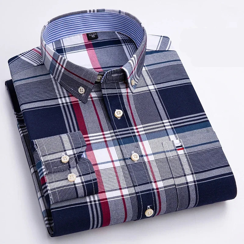 Camisa Masculina Xadrez Manga Longa 100% Algodão Bolso Frontal