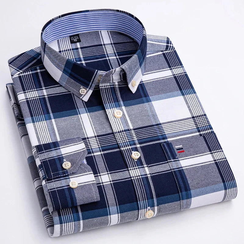 Camisa Masculina Xadrez Manga Longa 100% Algodão Bolso Frontal