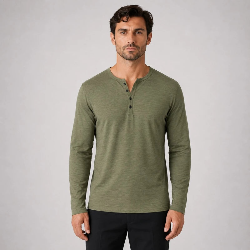 Camiseta Masculina 100% Algodão Gola Henley Manga Longa Itajaí