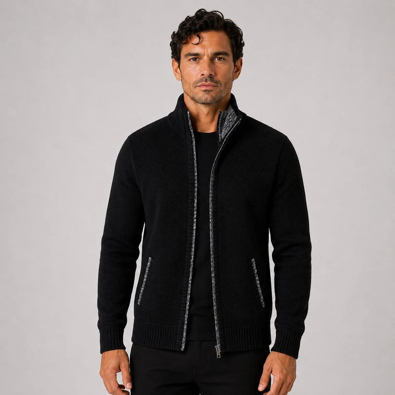 Cardigan Masculino Lã Gola Alta Com Zíper Slim Fit Trieste
