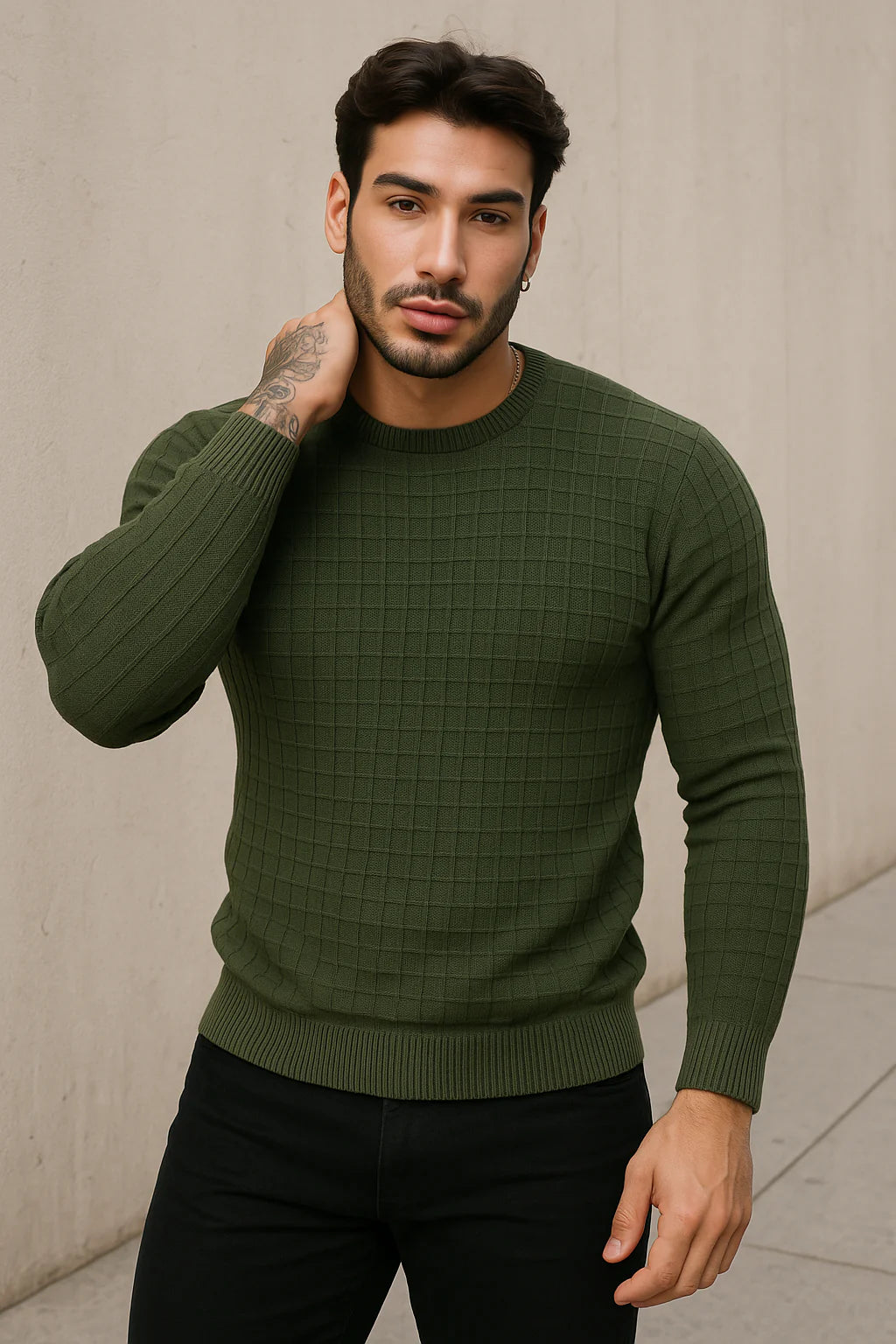 Suéter Masculino Tricô Xadrez Gola Redonda Perugia