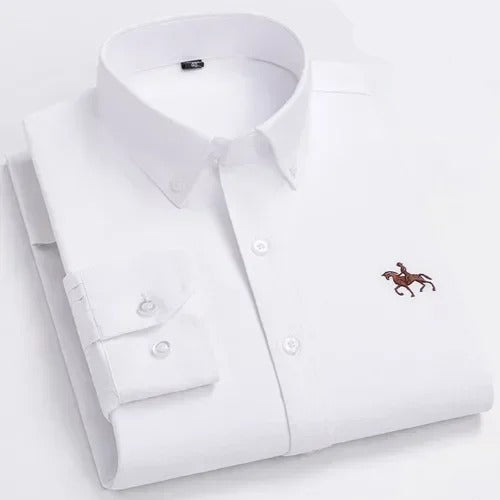 Camisa Masculina 100% Algodão Oxford Com Bordado Manga Longa Bologna
