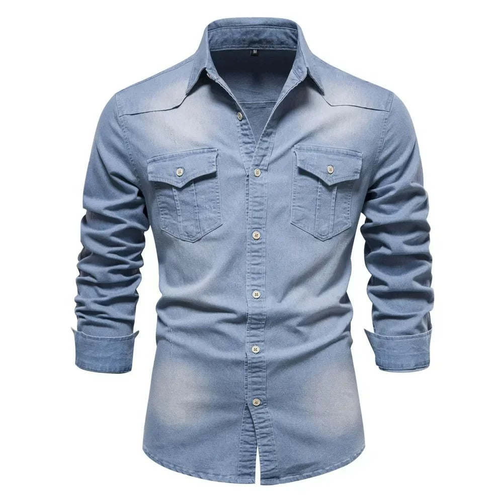 Camisa Masculina Jeans Denim Slim Fit Manga Longa Brescia