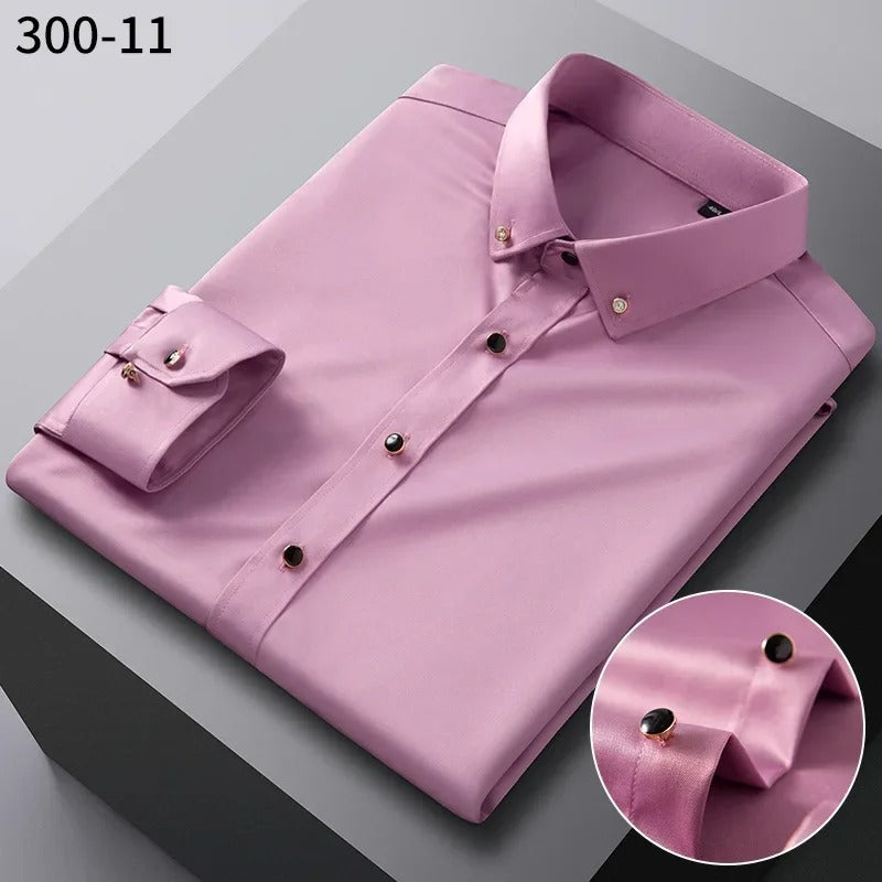 Men's Silk Shirts Long Sleeve Diamond Button New Stretch Silky Business Formal Social No Iron Anti Wrinkle Soft Fashion Clothes