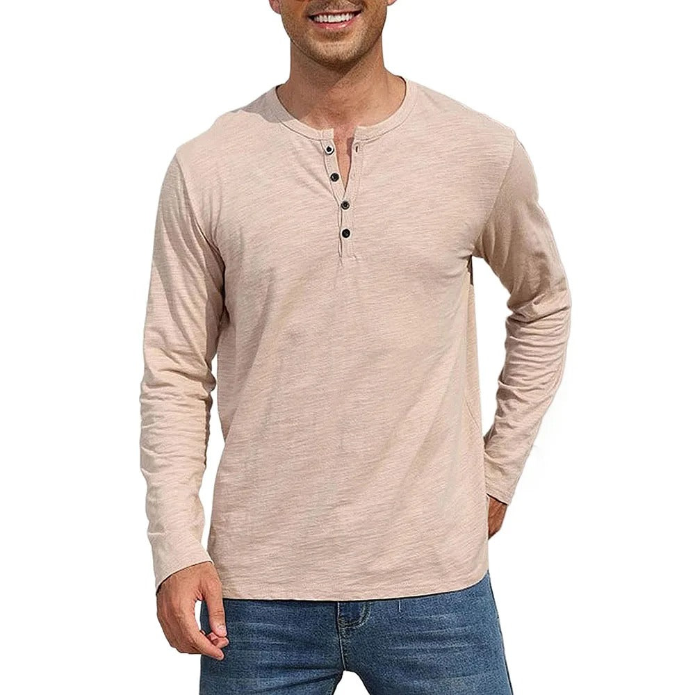 Camiseta Masculina 100% Algodão Gola Henley Manga Longa Itajaí