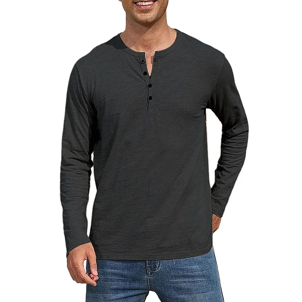 Camiseta Masculina 100% Algodão Gola Henley Manga Longa Itajaí