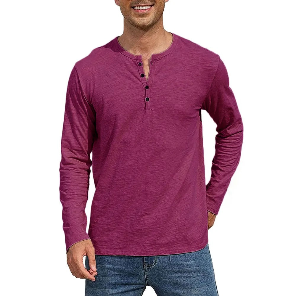 Camiseta Masculina 100% Algodão Gola Henley Manga Longa Itajaí