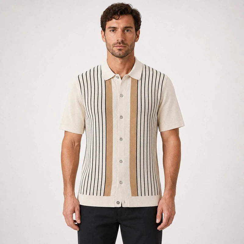 Polo de Tricô Listrada Estilo Old Money Masculina Caimento Ajustado