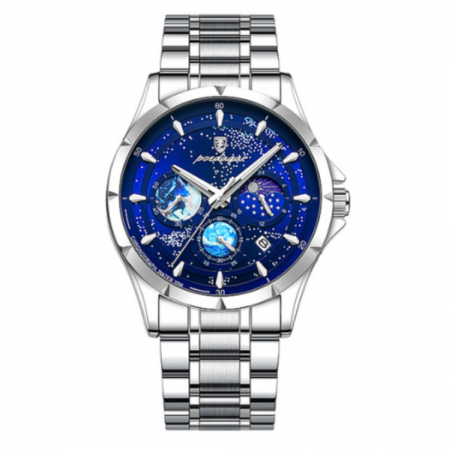 Relógio Masculino Aço Inoxidável Quartzo Cosmo – cor Aço / Fundo Azul